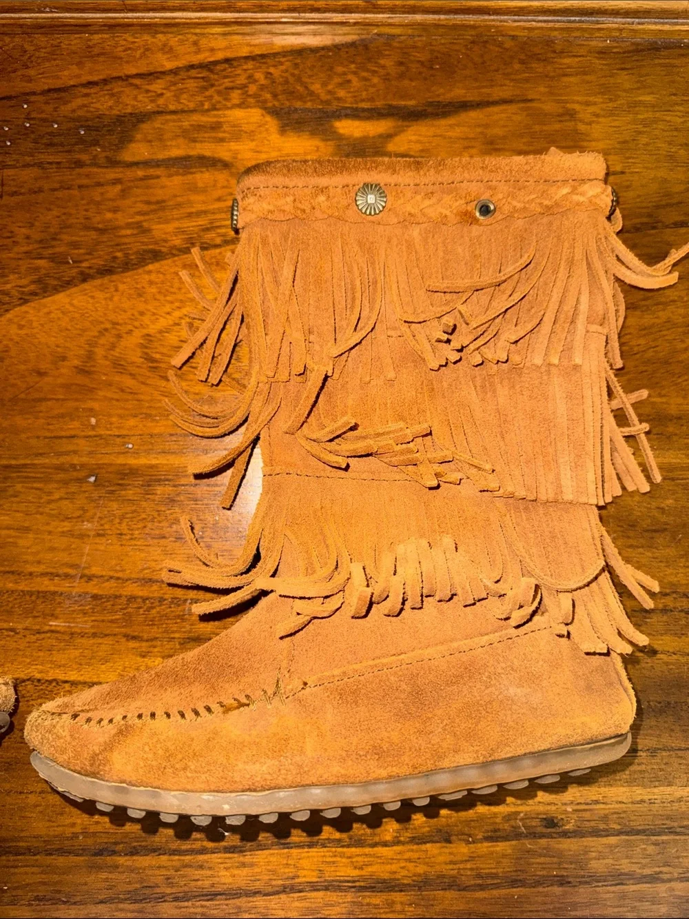 Minnetonka Suede Fringe Moccasin Boots - Rust Tan